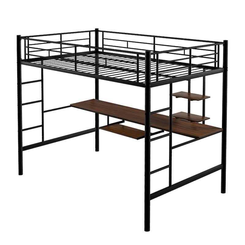 Full Size Metal Loft Bed with Desk and Shelf , Space Saving Design for Kids, Bedroom
