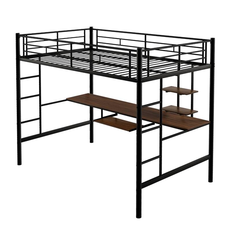 Metal Loft Bed with Desk & Shelf, Metal Bed Frame with Guard Rails ...
