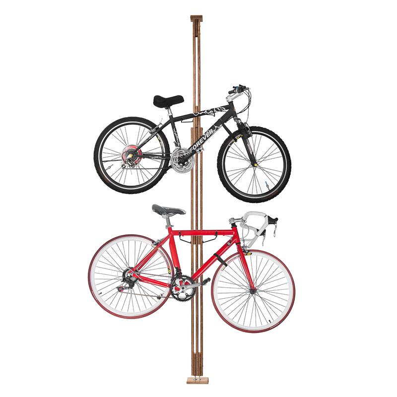 Bike Rack - Adjustable Wood Bicycle Hanger for 2 Bikes - Floor to Ceiling Tension Mount Bike Storage or Display by RAD Cycle - Natural Brown