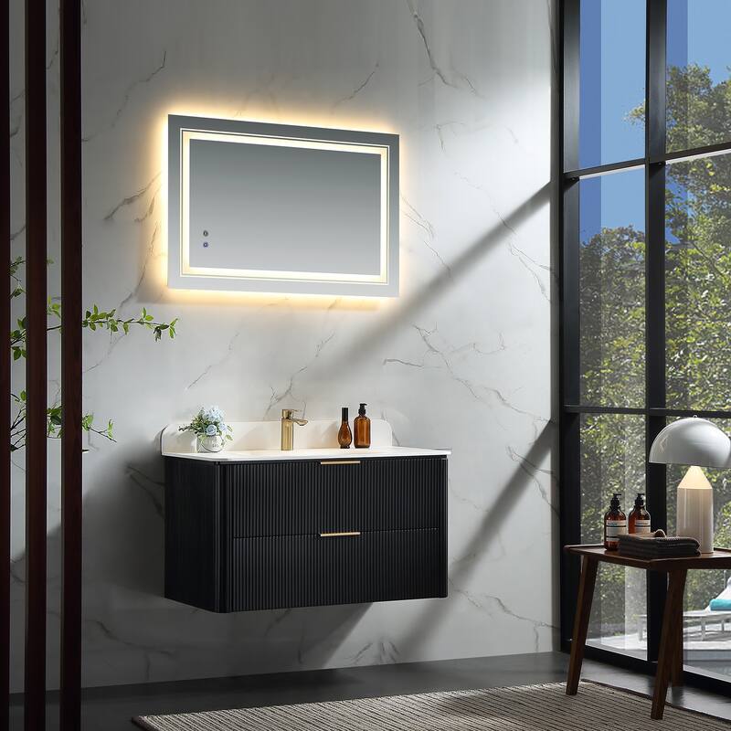 Modland Fluted Floating Vanity with Sink, Plywood Wall Mount Cabinet, Curved Edge, 24/30/36 Inch