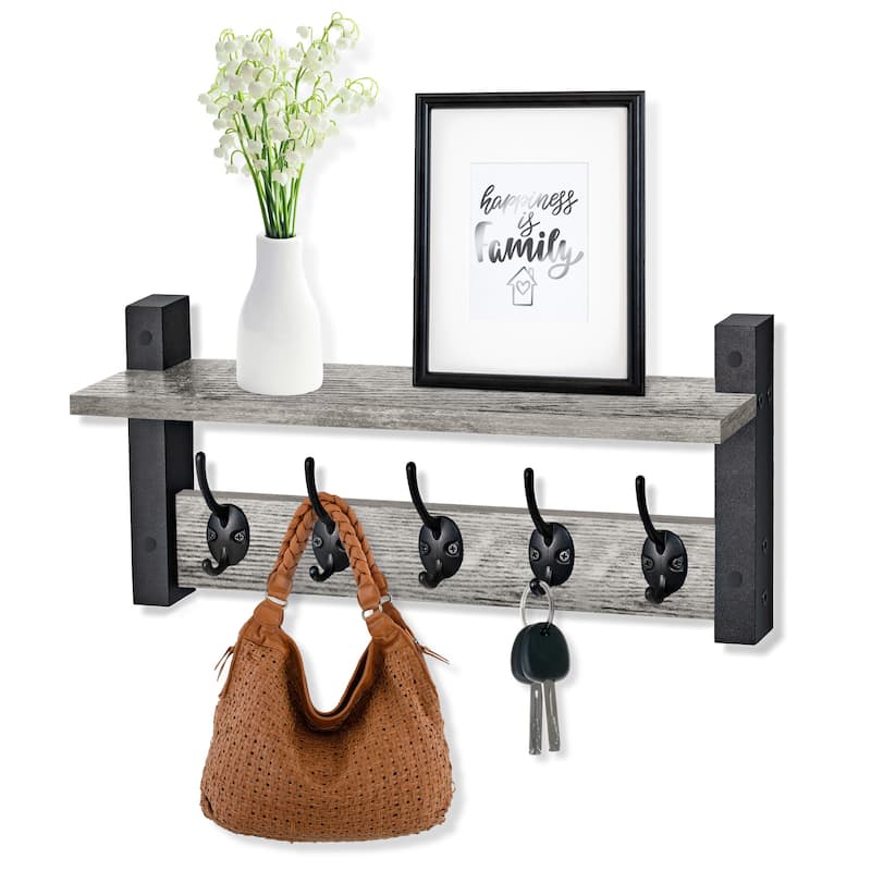 Sorbus Coat Hooks Wall Mount Floating Shelf with 5 Heavy Duty Hooks, Large and Extra Large - Grey - Large