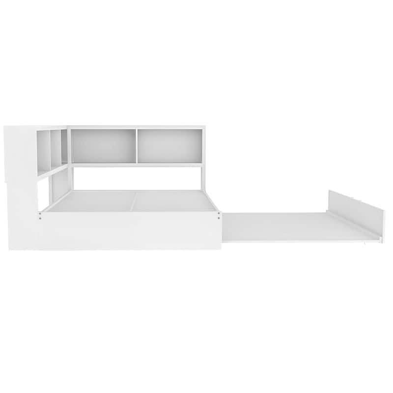 Metal Full Size Daybed with Storage Cabinets and USB Ports, L-Shaped Corner Platform Bed Frame with Pull-out Trundle Bed