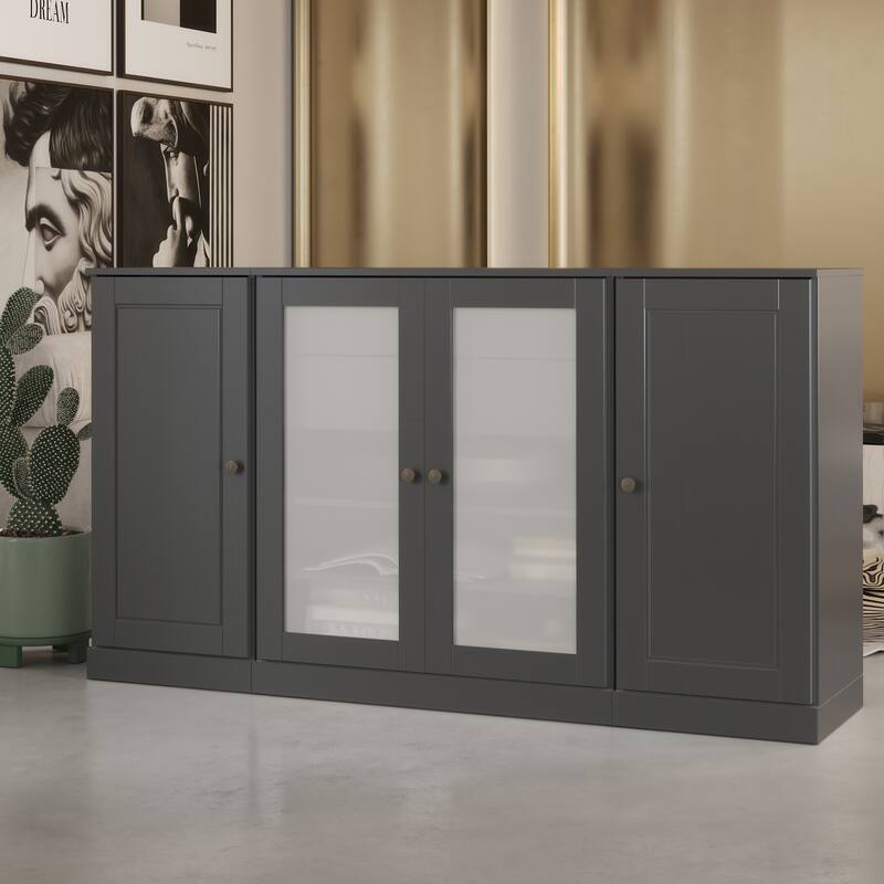 Palace Imports 100% Solid Wood 65" Sideboard with Solid, Frosted Glass Doors, 2-Drawers and Adjustable Shelves