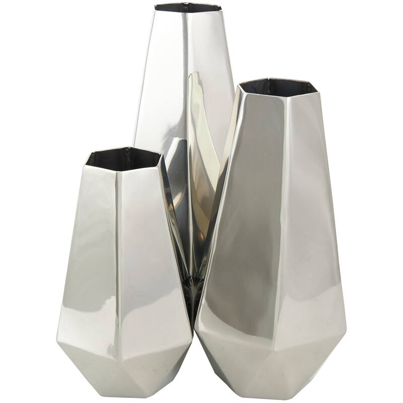 Silver or Gold Stainless Steel Metal Hexagon Shaped Geometric Vase with Varying Heights (Set of 3)