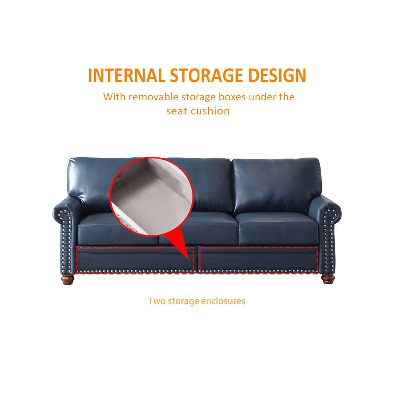 Elegant Living Room Sofa: High Capacity Faux Leather Couch with Decorative Nails
