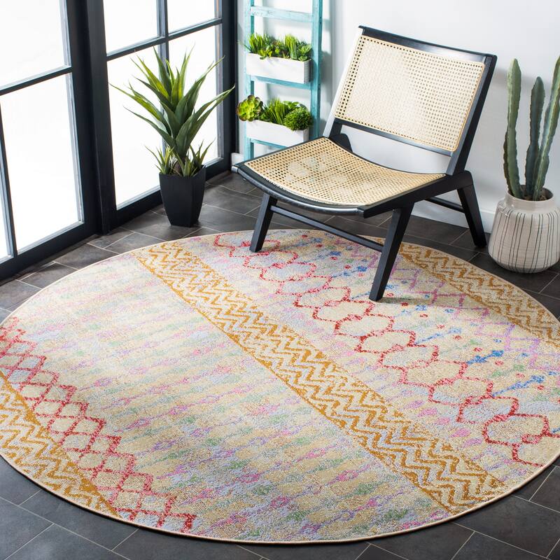 SAFAVIEH Summer Mimmi Boho Indoor/ Outdoor Waterproof Patio Backyard Rug - 6'7" Round - Gold/Blue