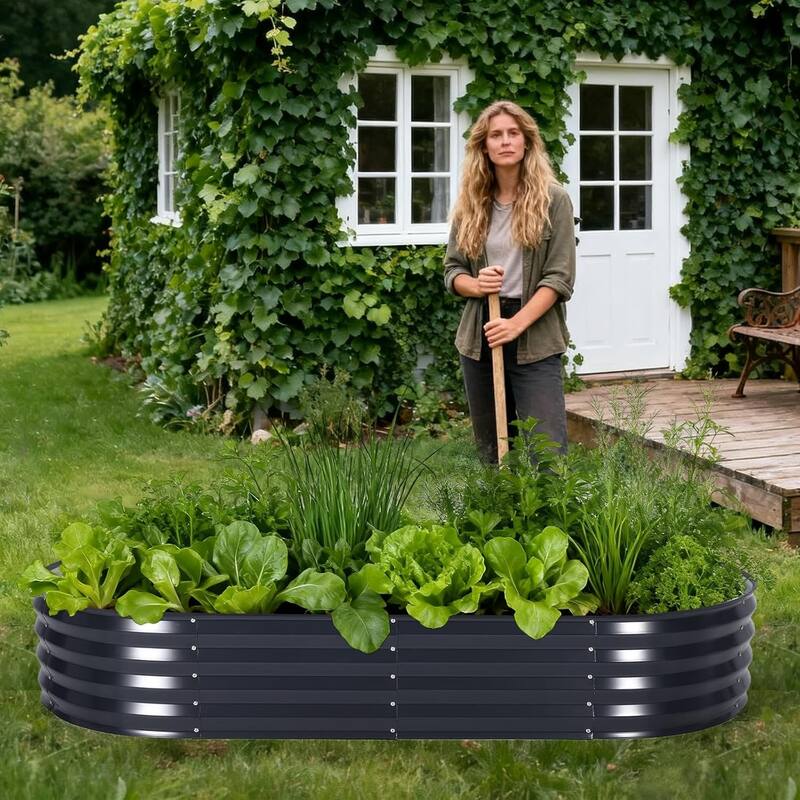 8x4x2 ft Oval Galvanized Steel Raised Garden Bed Kit with Zippered Cover - Open-Bottom Planter Gray
