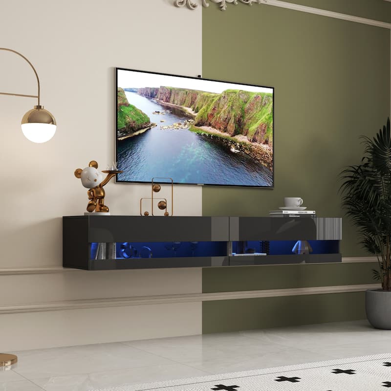 ​​Modern Floating TV Stand with 20 Color LEDs and 2 Storage Shelf Capacity for Living Room Bedroom and Office​