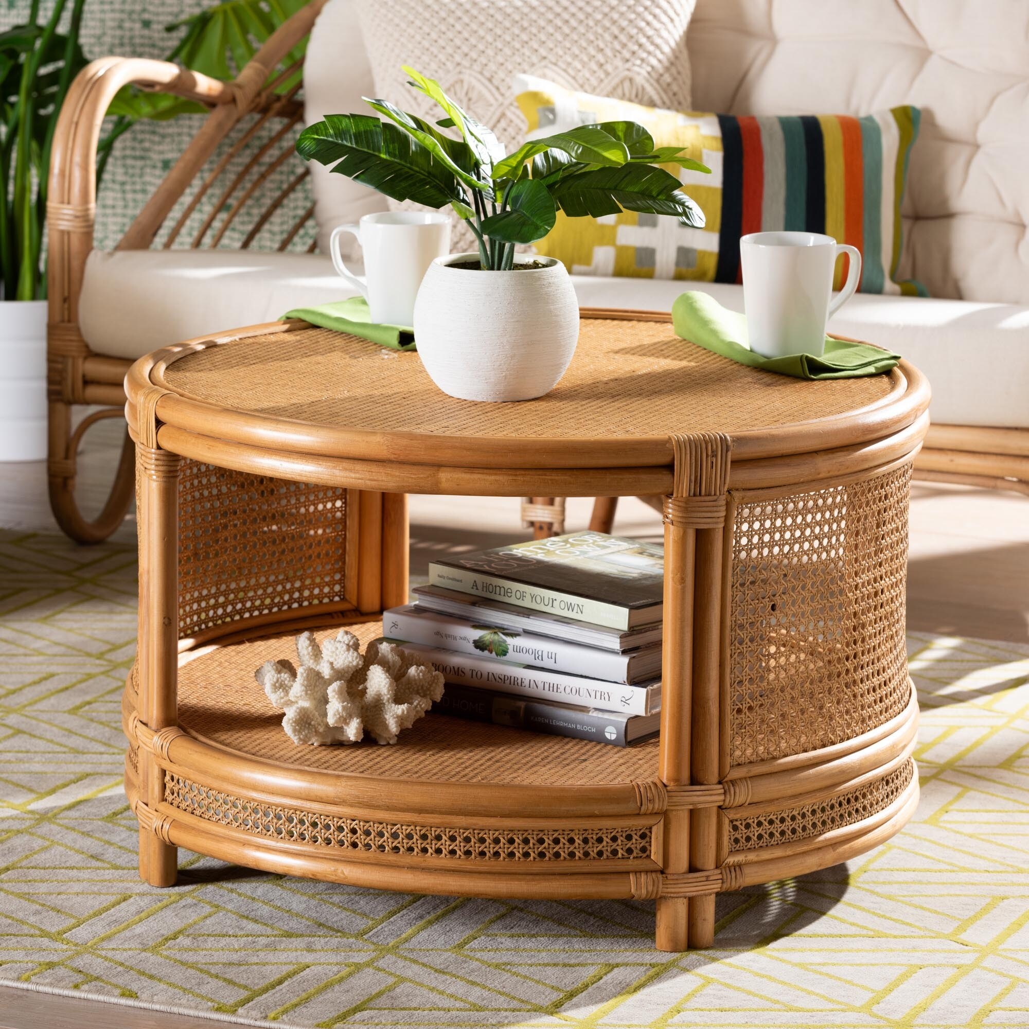 Bali Pari Louis Modern Bohemian Natural Brown Rattan Coffee Table Light Honey Wicker