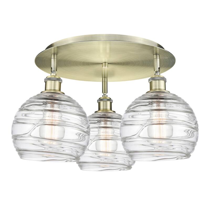Innovations Lighting Athens Deco Swirl - 3 Light 20" Flush Mount - Antique Brass/Clear Deco Swirl