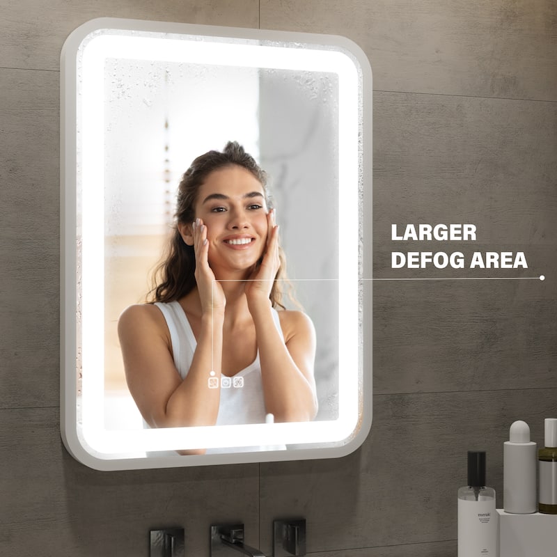 Silver Glass LED Vanity Mirror with Defog, Dimmable Lights and Memory - 36" W x 28" H
