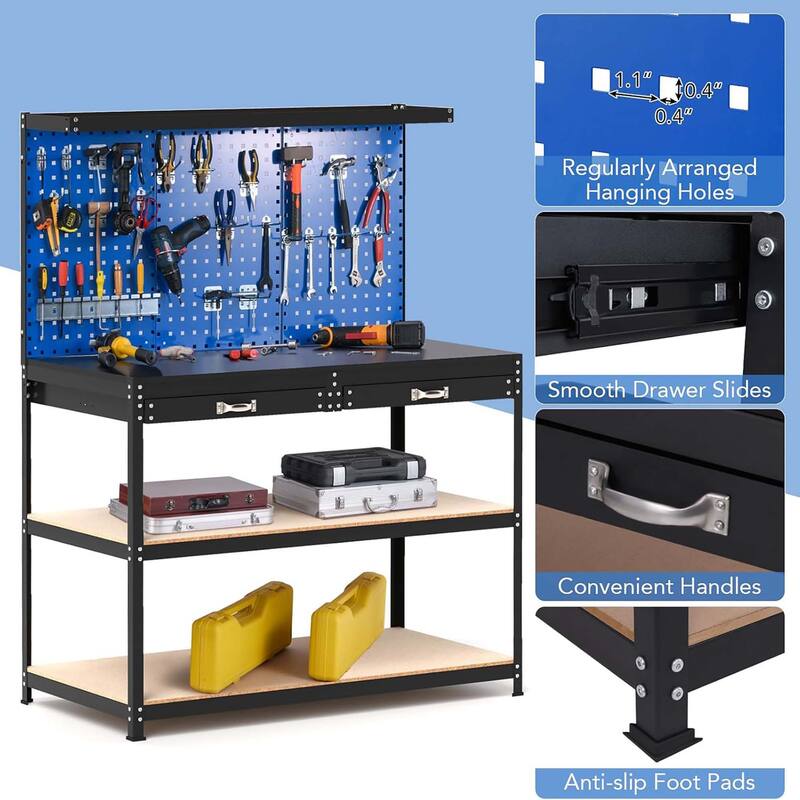Heavy Duty Work Bench w/ Pegboard 48" x 24" Work Table w/ Drawers