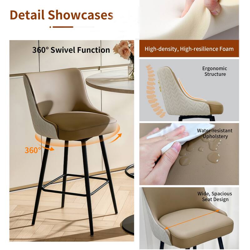 360 Swivel Upholstered Counter Height Bar Stools Kitchen Island Breakfast Chairs with Lion Head Pull Ring Footrest