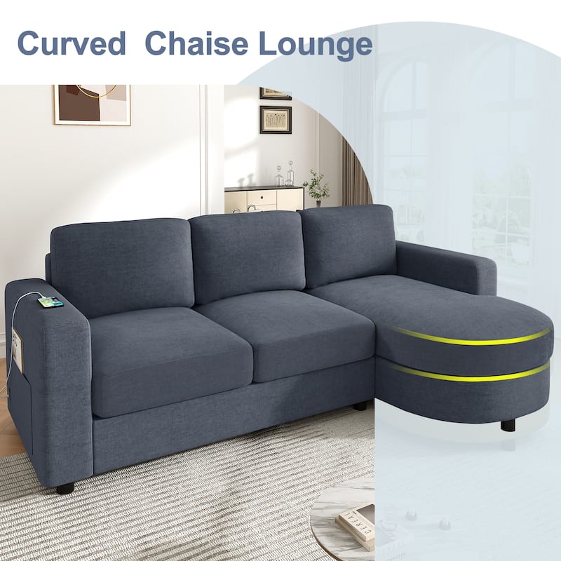 L-Shape Sectional Sofa with Curved Chaise Lounge, Chenille Fabric 3 Seater Sofa with USB Ports & Storage Pockets