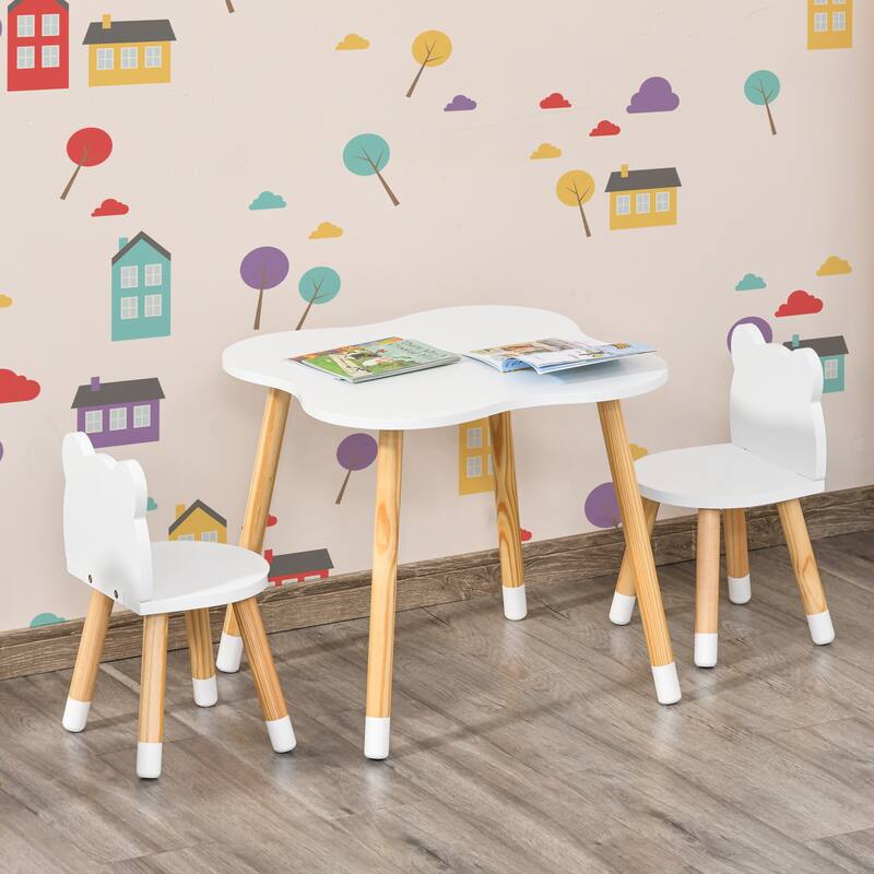 Kids Chair and Table Set with Bear Ear Design MDF Pine Wood Durable Toddler Furniture for Crafts Snacks and Activities