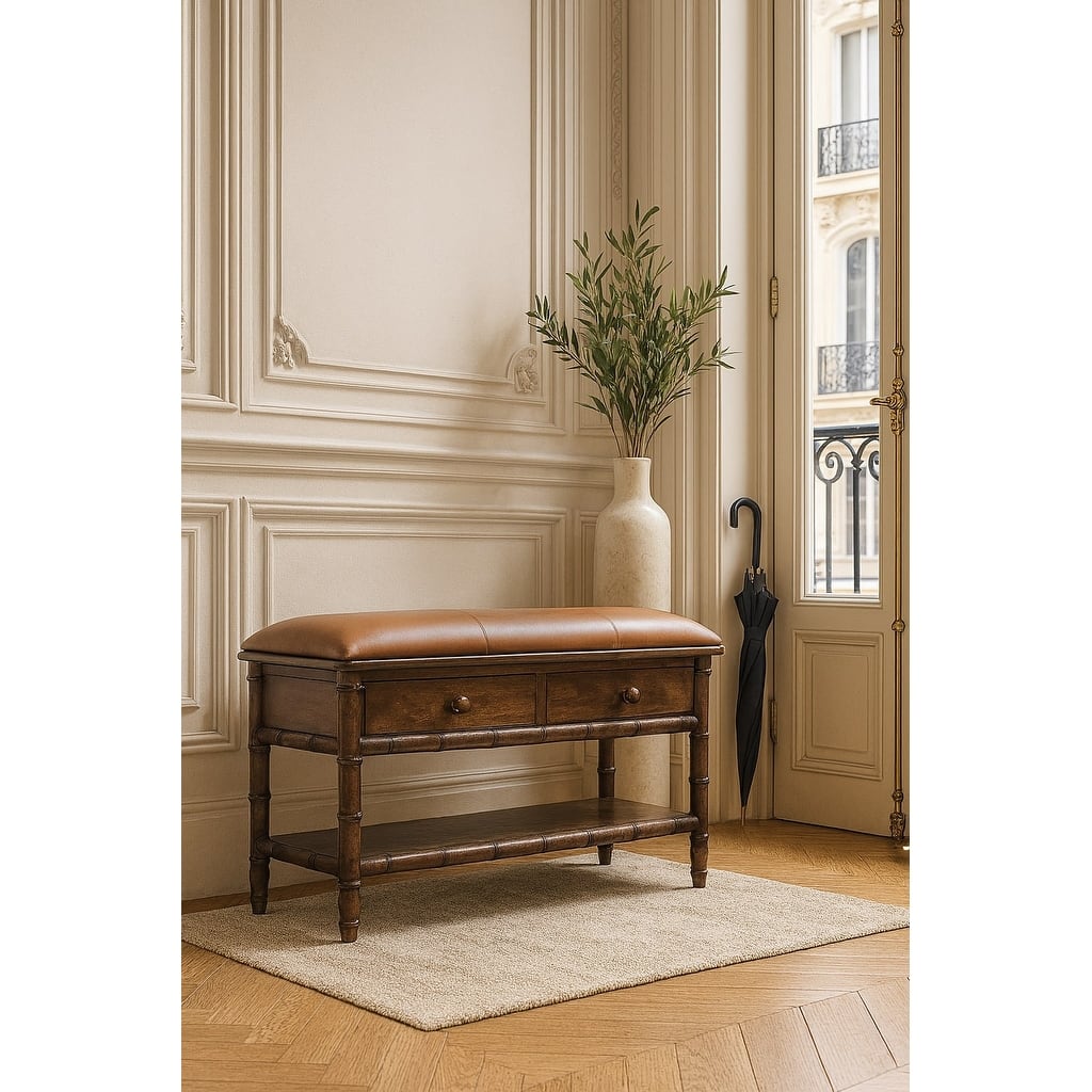 Solid Wood Rattan Curve Edge Nightstand,2-Drawers,1-Shelf