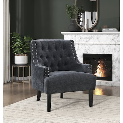 Black Chenille Upholstered Accent Chair with Button-Tufted Back