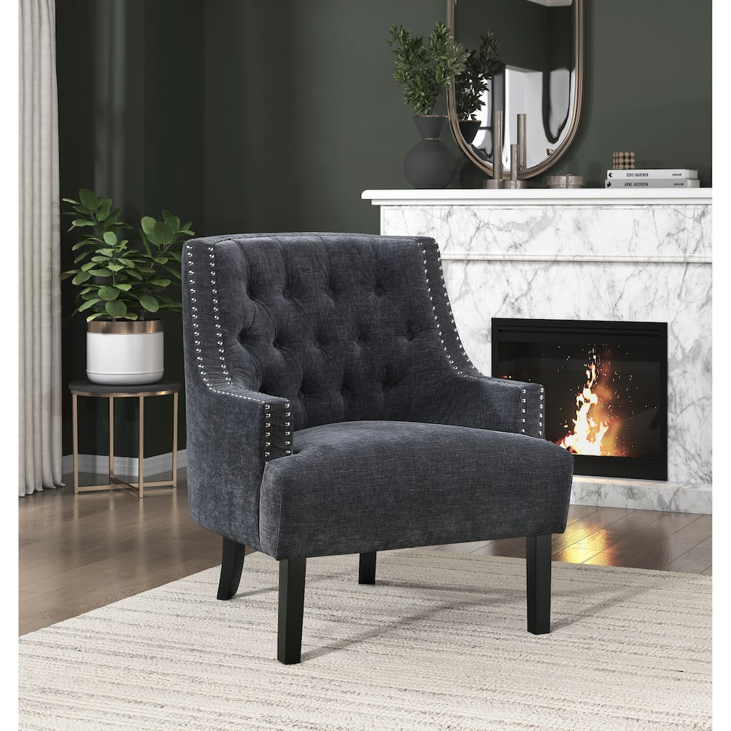 Black Chenille Upholstered Accent Chair with Button-Tufted Back