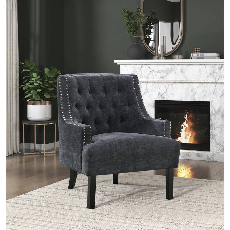 Modern Traditional Chenille Accent Chair with Nailhead Trim - Black