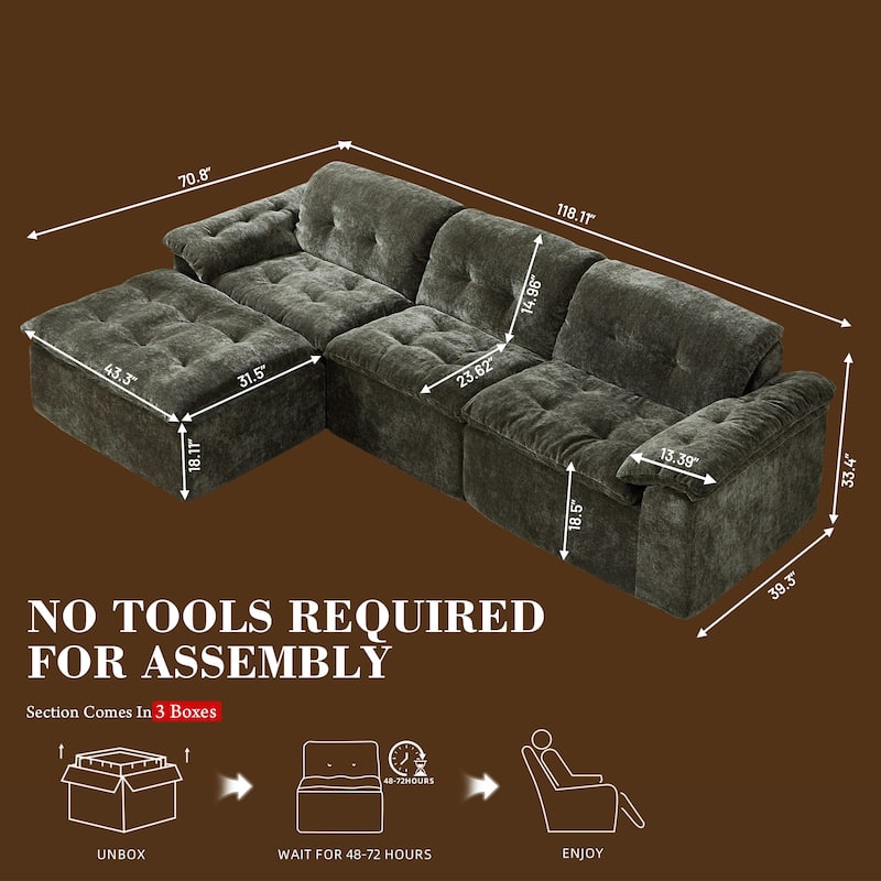 Rossetta L-Shaped Modular Chenille Cushioned Extreme Comfort Sofa with Detachable Backrest and Armrests, 1 Removable Ottoman