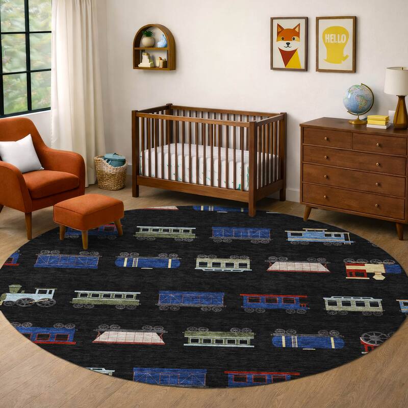 Machine Washable Indoor/ Outdoor Modern Train Chantille Rug