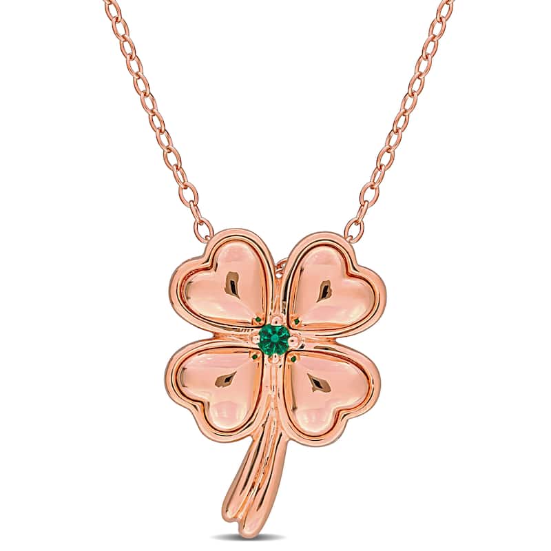 Miadora Created Emerald Accent Clover Leaf Necklace Rose Plated Sterling Silver
