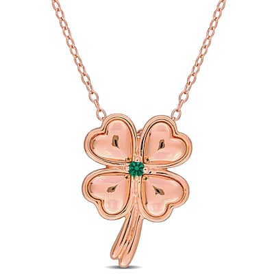 Miadora Created Emerald Accent Clover Leaf Necklace Rose Plated Sterling Silver