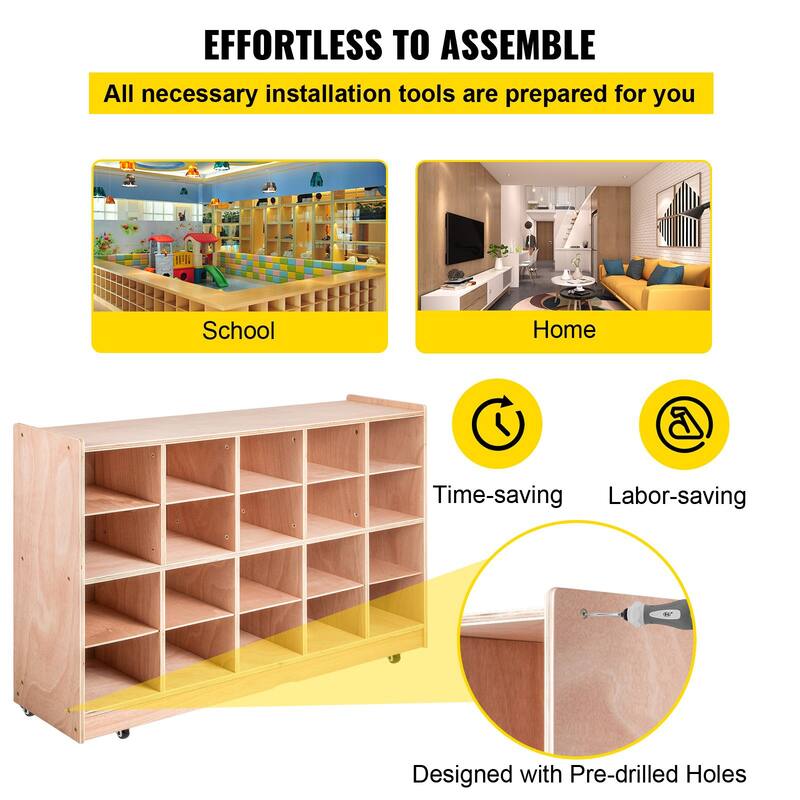 Kids Wooden Storage Cubby with 20 Compartments and Natural Finish Birch Plywood Organizer - 48 x 12 x 30.3 Inch