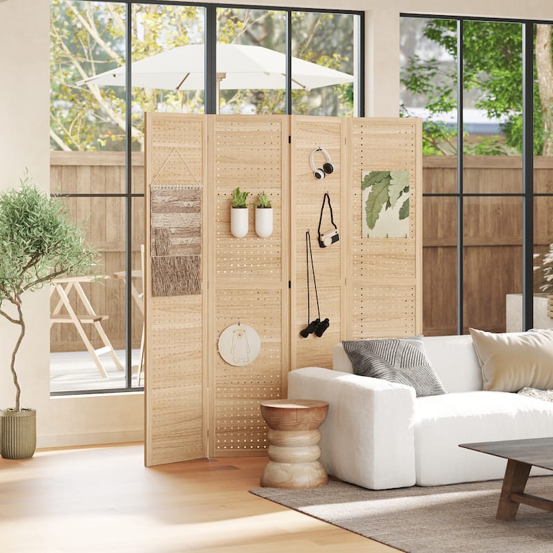 Natural Paulownia Wood Room Divider 4-Panel Rustic Folding Screen - 63" W x 0.75" D x 66.9" H - Natural