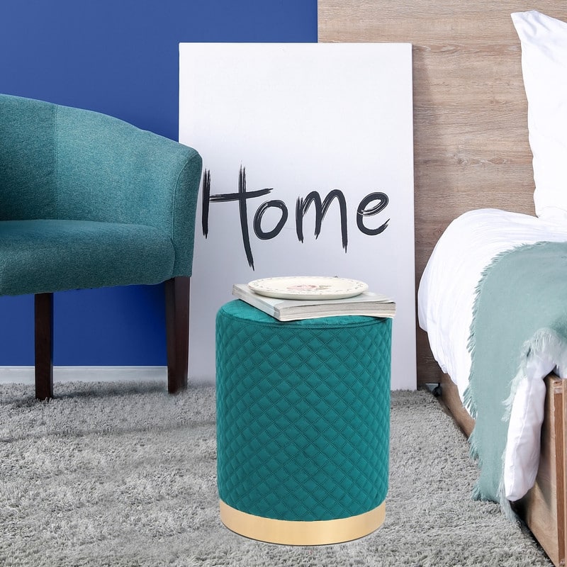 Adeco Width Round Velvet Ottoman Footstool with Gold Trim Soft Compact