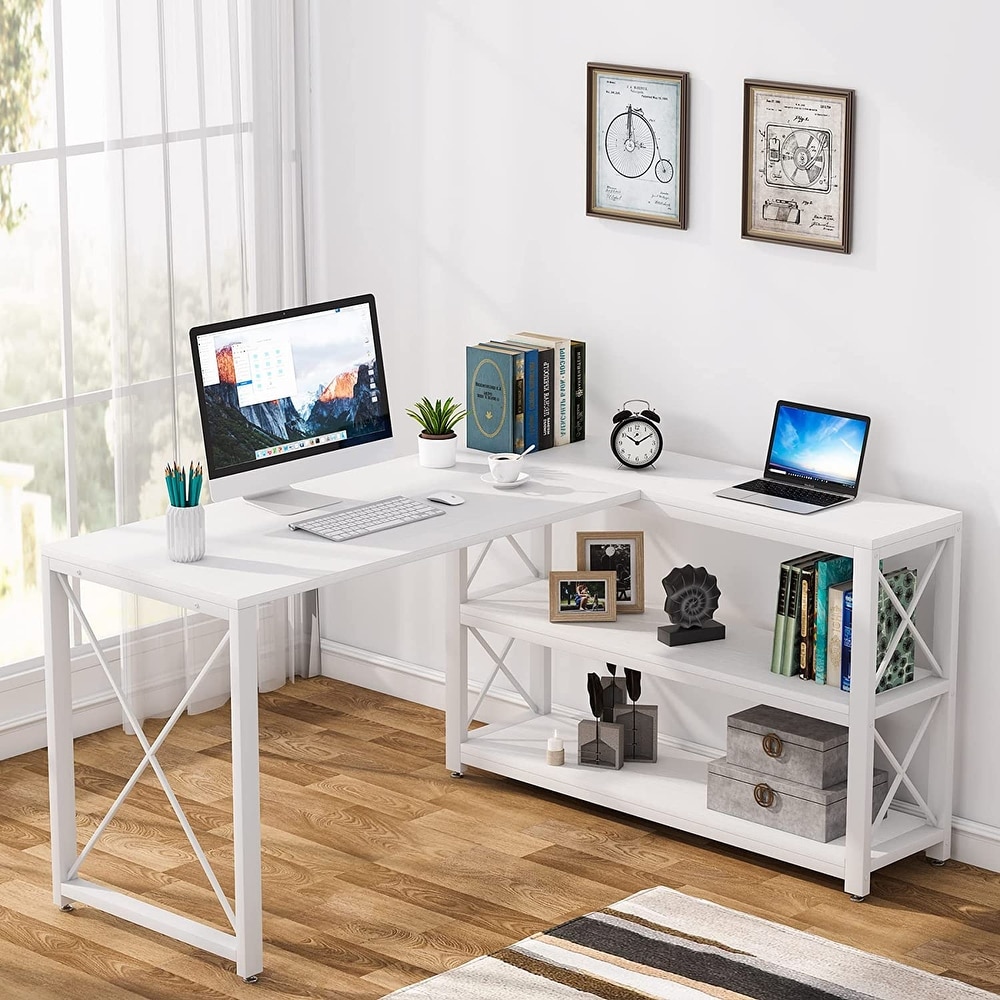 47 Modern White Rectangular Home Office Desk with Pine Wood Table Top &  Gold Frame