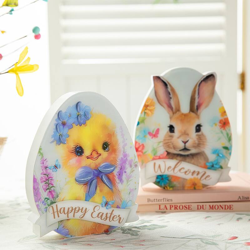 Glitzhome 7.75"/6"H Easter Wooden Patterned Eggs Table Decor Spring Gift