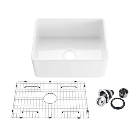 24" White Fireclay Farmhouse Undermount Kitchen Sink with Bottom Grid and Strainer