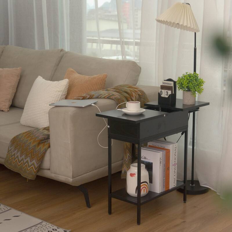 Flip Top Narrow End Table with Storage and Built-In Outlets, Small Side Table