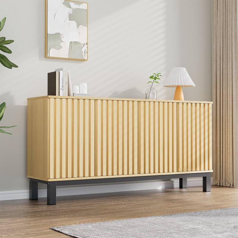Fluted Sideboard Buffet Cabinet with 4 Doors, Modern Storage Credenza with Adjustable Shelves for Dining Room & Entryway