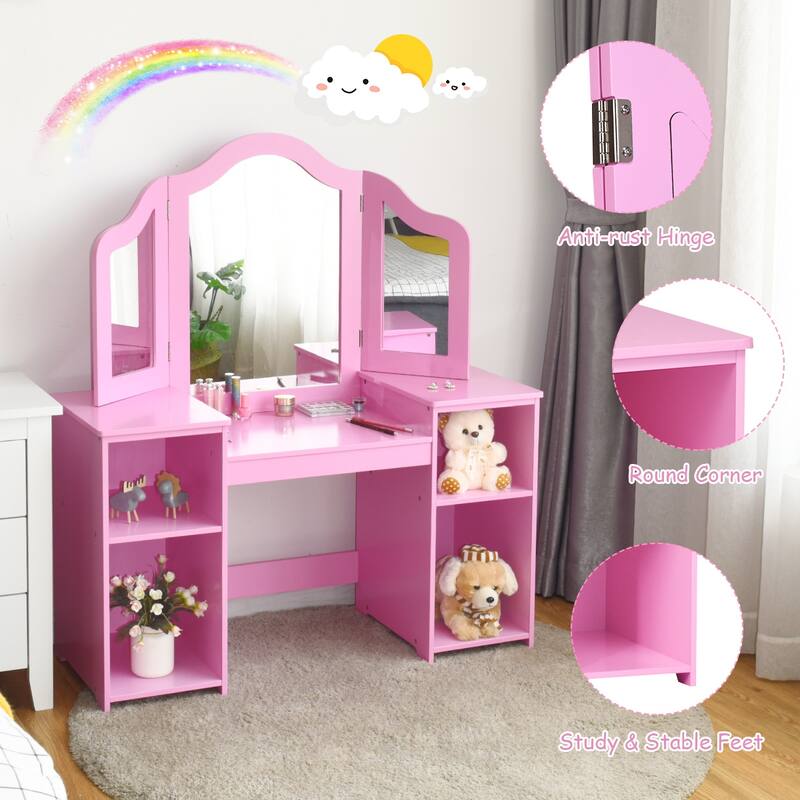 Costway Vanity Table Set Makeup Dressing Kids Girls Study Table Tri - See Details