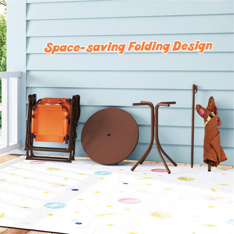Kids Outdoor Picnic Table and Chair Set with Adjustable Umbrella Lion Pattern Foldable Table and Chairs for Ages 2-5