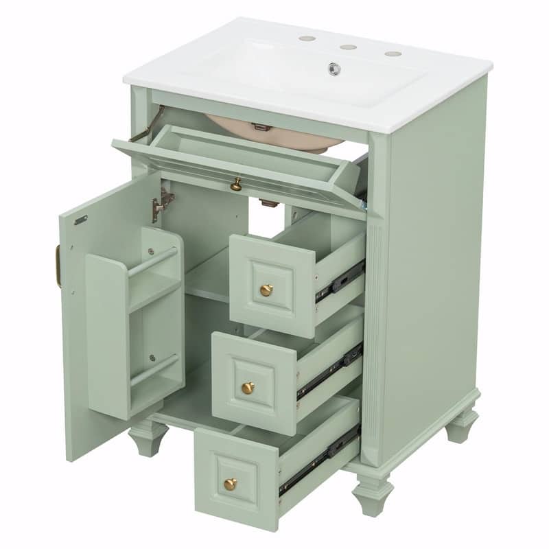 24" Bathroom Vanity with Sink, Freestanding Vanity Cabinet with Flip-Out Drawer, 3 Drawers, Ceramic Top