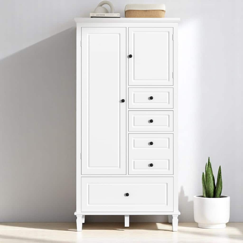 61.8'' White Storage Cabinet with 4 Drawers & 2 Doors, Adjustable Shelves, Solid Wood & MDF for Bathroom or Office