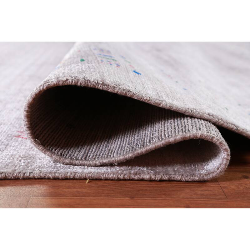 Hand Knotted Oriental Viscose Silk Carpet Tribal Stripe Greys & Charcoal Gabbeh Area Rug - 12' 0'' X 9' 2''