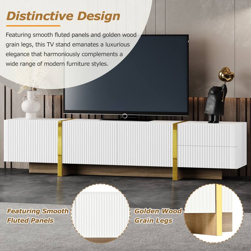 Modern Fluted TV Stand Luxury TV Stand with Storage Drawers and Gold Wood-Grain Legs, for Living Rooms, White