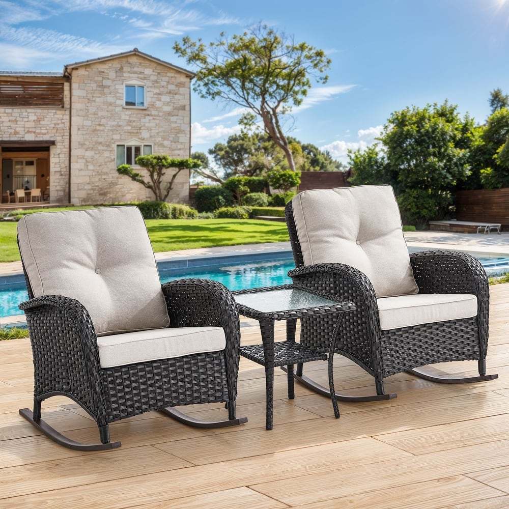 Gymojoy Patio Furniture Set PE Wicker Rocking Chairs & Side Table