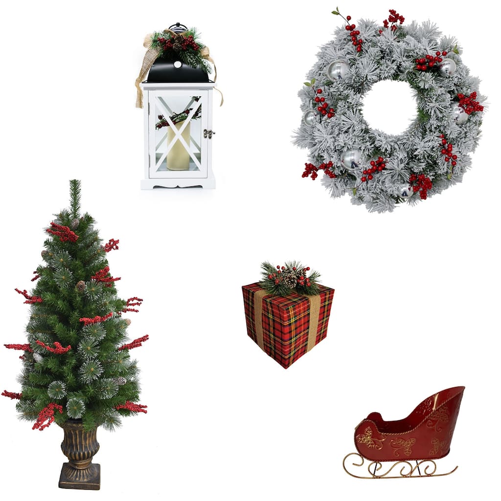 Fraser Hill Farm Tartan Christmas 5-Piece Decorating Kit: Wreath, Frosted Tree, Lit Lantern, Sleigh, Gift Box