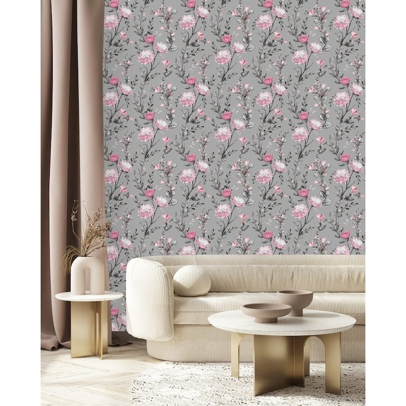 Grey Wallpaper with Pink Flowers Peel and Stick and Prepasted - Bed ...