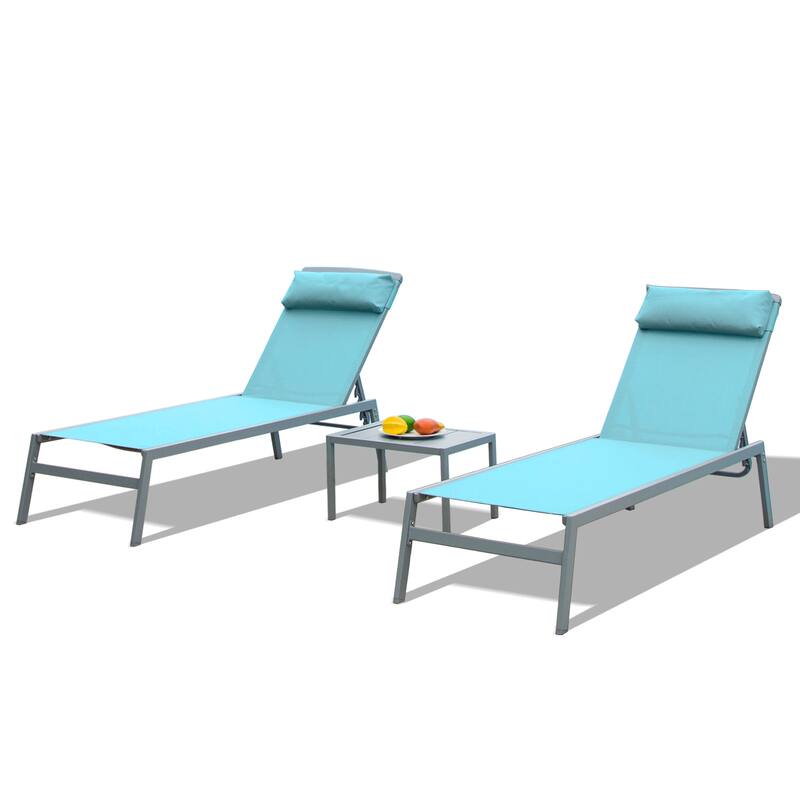 Patio Chaise Lounge Set, 3 Pieces Aluminum Adjustable Pool Lounge Chairs Textilene Sunbathing Recliner With Headrest