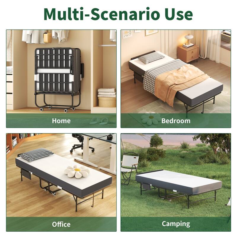 75" Folding Bed with Adjustable Headboard & 5" Memory Foam, Space Saving Rollaway Guest Bed for Tall People, Twin Cot on Wheels