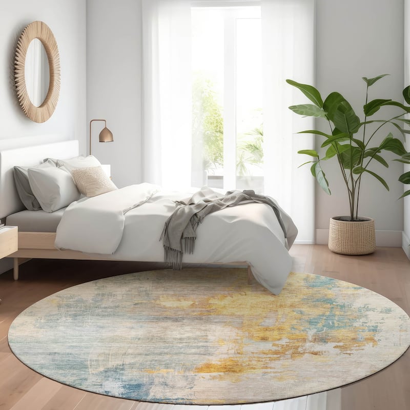 Machine Washable Indoor/ Outdoor Abstract Contemporary Chantille Rug - Linen - 8' x 8'