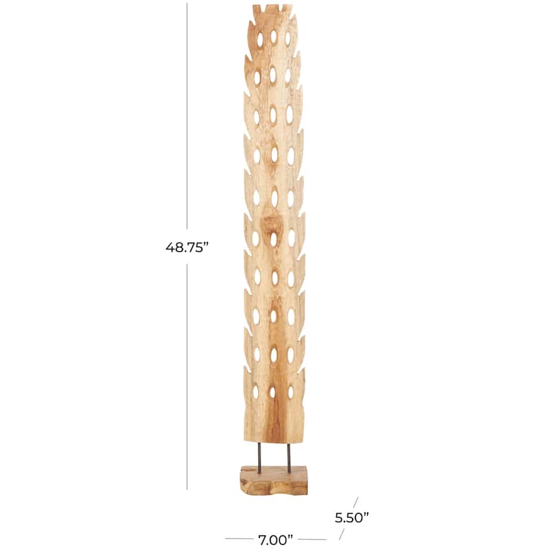 Brown Teak Wood Handmade Tall Floor Cutout Post Abstract Sculpture with Live Edge Base