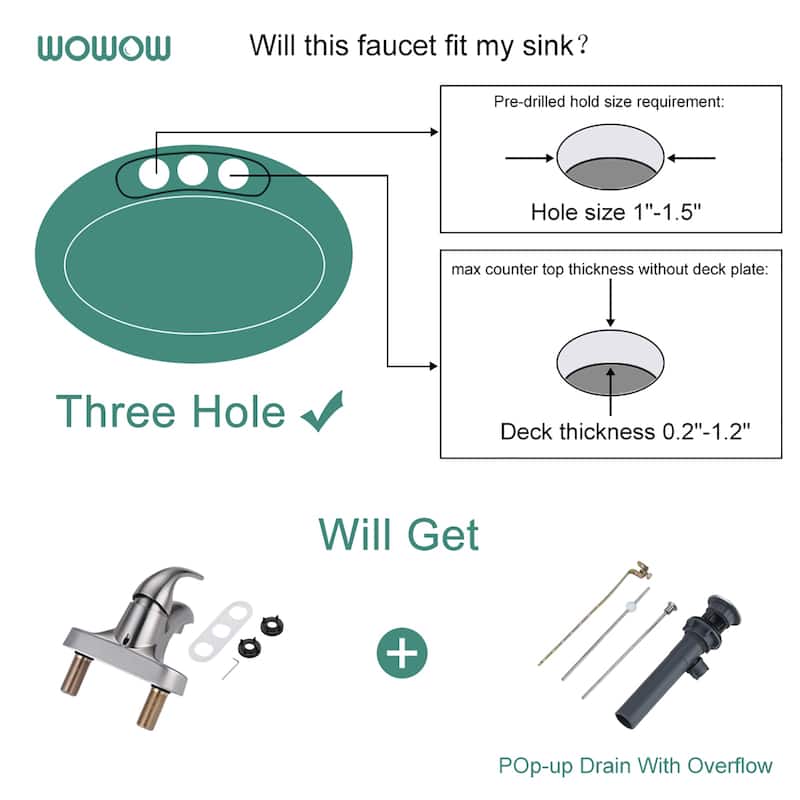 WOWOW 4 in. Centerset Single-Handle Low Arc Bathroom Faucet with Drain Kit
