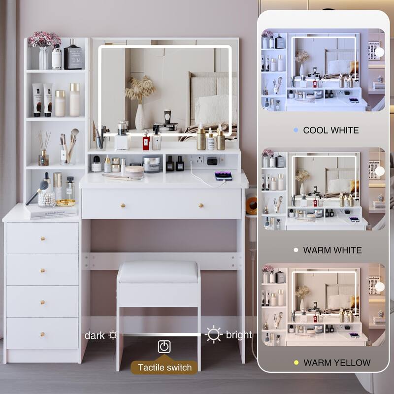 41" Large Size Left Bedside Cabinet Vanity Table + Cushioned Stool Dresser Set, 2 AC+2 USB Power Station, Hair Dryer Stand